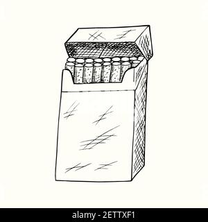 Blank open cigarette package, hand drawn doodle, drawing in gravure style, sketch illustration, design element Stock Photo