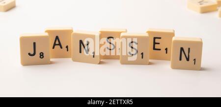 Coronavirus pandemic themed scrabble game word tiles on a white background Stock Photo