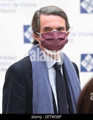 Madrid, Spain. 2nd March, 2021. People’s Party (PP) former leader Jose Maria Aznar arrives at Francisco Vitoria University in Madrid, Spain, to take part in a conference called ‘Spain, Constitution and freedom 1996-2004’, an analysis for the 25th anniversary of the PP’s first victory to reach Moncloa. Credit: Isabel Infantes/EMPICS/Alamy News Live Stock Photo