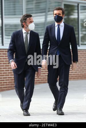Madrid, Spain. 2nd March, 2021. (R) People’s Party (PP) leader Pablo Casado arrives at Francisco Vitoria University in Madrid, Spain, to take part in a conference called ‘Spain, Constitution and freedom 1996-2004’, an analysis for the 25th anniversary of the PP’s first victory to reach Moncloa. Credit: Isabel Infantes/EMPICS/Alamy News Live Stock Photo