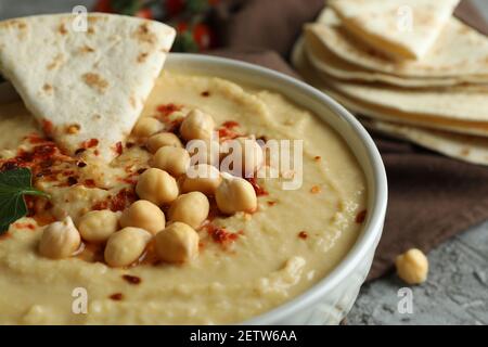 Concept of tasty eat with hummus and pita, close up Stock Photo
