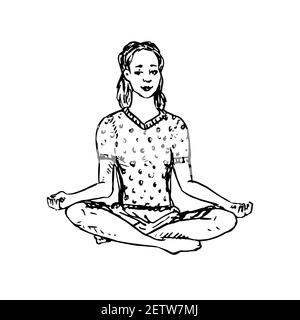 Yoga exercise. Ink black and white illustration Stock Photo - Alamy