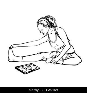Young afro american girl doing stretching exercise with fitness studio exercise videos on tab, hand drawn doodle, drawing in gravure style, sketch ill Stock Photo