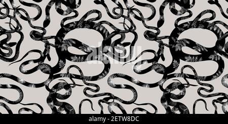 Seamless pattern with snakes. The border is serpentine. A repeating pattern. Cobra, anaconda and boa constrictor. Scaly skin. Reptile. Poisonous tropi Stock Vector