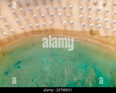 Aerial top view by drone of the sandy beach. Stock Photo