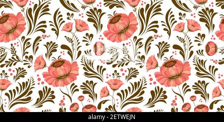 seamless pattern in folk style. Ukrainian ornament. Petrikovskaya painting. Ukrainian folk art. Fabric design. Floral print. Abstract flowers. Pink co Stock Vector