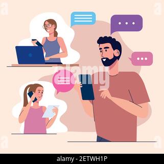 young three persons using smartphones and laptop technology Stock Vector