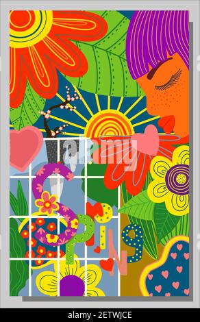 cute poster of spring time, vector drawn illustration nature, girls against a landscape surrounded by floral patterns. Stock Vector