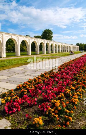 Veliky Novgorod, Russia - August 23, 2019: Arcade of Yaroslavovo ...