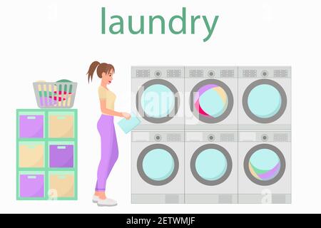 The girl washes things in a public laundry. Woman washes in the washing machine. Vector laundry room with washing machines, dryers. Stock Vector