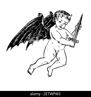 Little cute devil baby with sword, doodle drawing, woodcut style Stock Photo