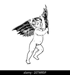 Little cute devil baby with torch, doodle drawing, woodcut style Stock Photo
