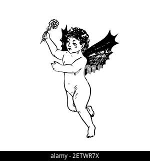 Little cute devil baby with rose, doodle drawing, woodcut style Stock Photo