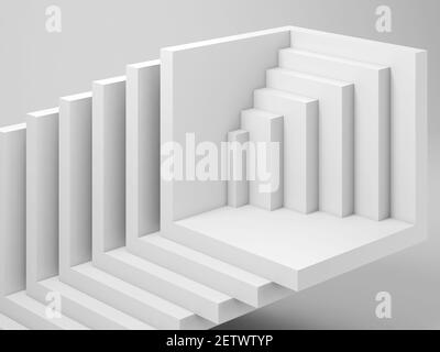 Abstract white three dimensional geometric installation of empty cubical shapes, cgi background pattern. 3d rendering illustration Stock Photo