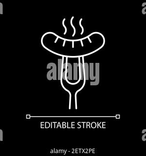 Sausage on fork white linear icon for dark theme Stock Vector