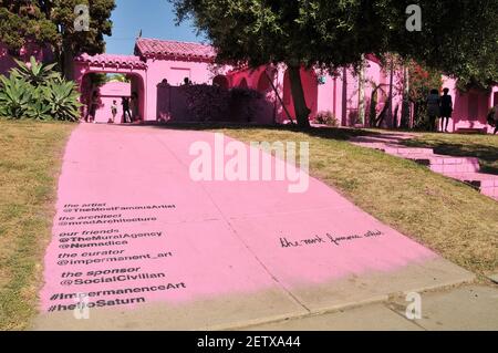 The Pink Houses in Mid-City Los Angeles located on the corner of Saturn Street & Hi Point Street at 1500 Hi Point Street in Los Angeles, CA on Wednesday, June 14, 2017. M-Rad Architecture, a Culver City based firm contacted local artist 'The Most Famous Artist' and his company The Mural Agency to paint the houses pink as a public art installation for the meantime before being demolished to make way for a 45-unit apartment building. M-Rad is designing the future apartment complex. The pink houses were finished being painted on Thursday, June 8, 2017 and since then has attracted many visitors fo