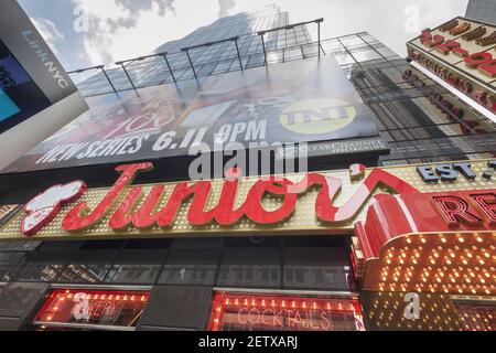 The second Times Square branch of Junior's Restaurant in the former Ruby Foo's space on Wednesday, June 14, 2017. The original Junior's is located in downtown Brooklyn and is beloved for it's famous cheesecake. Junior's has opened a second space in Times Square in the now closed Ruby Foo's location. The new restaurant seats 300 people. (Photo by Richard B. Levine) *** Please Use Credit from Credit Field ***