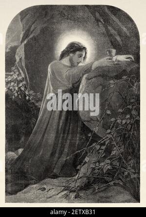 Agony in the Garden. Our Lord Jesus prays in Getsemani on the Mount of Olives. Matthew book, New Testament Sacred biblical history. Old 19th century engraved illustration, El Mundo Ilustrado 1881 Stock Photo