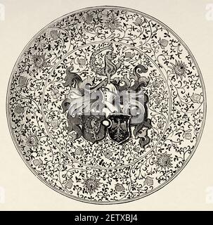 Maiolica of Caffaggiolo, plate with a coat of arms. Old 19th century engraved illustration, El Mundo Ilustrado 1881 Stock Photo