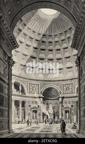 Interior of the Roman Pantheon, Rome, Ancient roman empire. Italy, Europe. Old 19th century engraved illustration, El Mundo Ilustrado 1881 Stock Photo