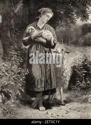 Young shepherdess woman of the 19th century with a newborn lamb in her arms. Old 19th century engraved illustration, El Mundo Ilustrado 1881 Stock Photo