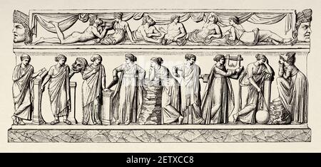 Sarcophagus of the Muses, relief from a marble sarcophagus found in Rome, Ancient roman empire. Italy, Europe. Old 19th century engraved illustration, El Mundo Ilustrado 1881 Stock Photo