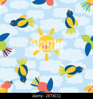 Cute cartoon bird and laughing sun seamless vector pattern background. Fun multicolor flying birds against a cloud textured blue backdrop. Character Stock Vector