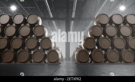 Barrels of wine, whiskey, bourbon liqueur or cognac in the basement. Aging of alcohol in oak barrels in warehouse. Wine, beer, whiskey casks stacked i Stock Photo