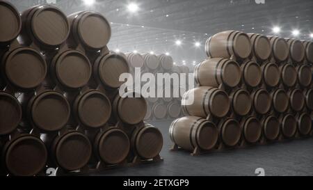 Barrels of wine, whiskey, bourbon liqueur or cognac in the basement. Aging of alcohol in oak barrels in warehouse. Wine, beer, whiskey casks stacked i Stock Photo