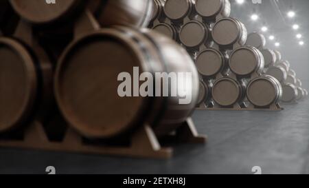 Barrels of wine, whiskey, bourbon liqueur or cognac in the basement. Aging of alcohol in oak barrels in warehouse. Wine, beer, whiskey casks stacked i Stock Photo