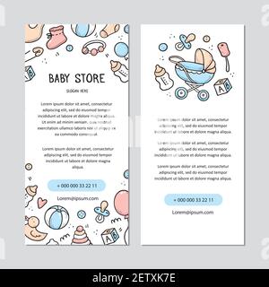 Baby store flyer template with baby thing doodle elements, things, toy, rattle, milk bootle, clothes. Doodle sketch style. Illustration for baby store, kids shop flyer card design template. Stock Vector