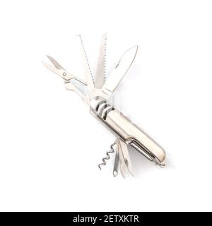 Silver pocket,multi-function swiss army pocket knife tool on white background, camping tools, close-up. Stock Photo