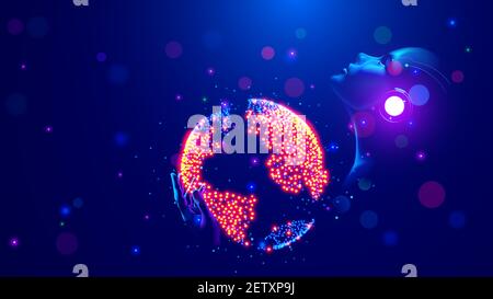 Planet earth in hand AI in image female cyborg. Global internet around world in space. Artificial intelligence metaphor future concept. Communication Stock Vector