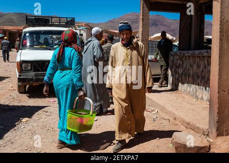 Telouet, Morocco - April 14, 2016: Street scene in the village of Telouet, in the Atlas Region of Morocco, with people in a street market. Stock Photo