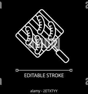 Grilling sausages white linear icon for dark theme Stock Vector