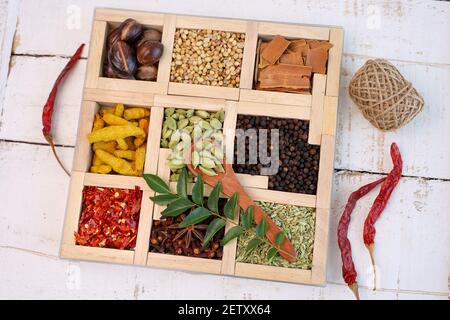Indian spices for Indian cooking Masala hot spicy curry whole spices turmeric, cardamom, black pepper in wooden spoon curry leaves paprika in Indian Stock Photo