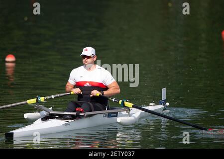 Linz, Austria, Sunday,  25th Aug 2019, FISA World Rowing Championship, Regatta,CAN PR1 M1X, Loren PEARSON,   [Mandatory Credit; Peter SPURRIER/Intersport Images]  15:39:00, Sunday Stock Photo