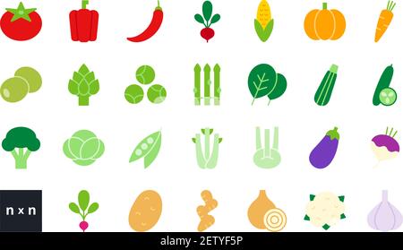 Set of vector flat color icons. Vegetables isolated on white. Modern design. Healthy food and vitamins Stock Vector