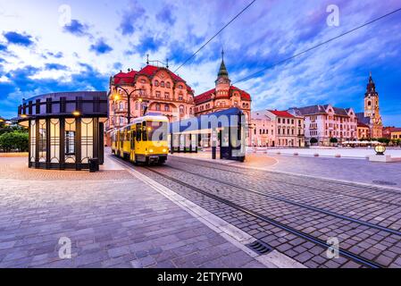 Oradea, Transylvania with tram station in Union Square cityscape in Romania Stock Photo