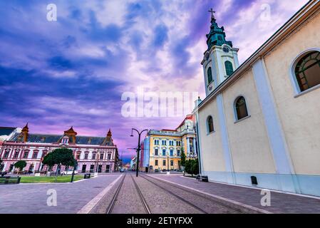 Oradea, Romania - Tram line in Union Square cityscape in Romania Stock Photo