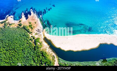 Sinemorets, Bulgaria. Aerial drone view of picturesque wild Veleka Beach at Black Sea coastline. Stock Photo