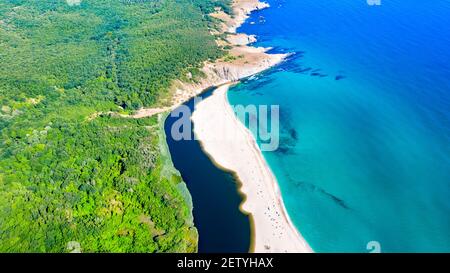 Sinemorets, Bulgaria. Aerial drone view of picturesque Veleka Beach at Black Sea wild coastline Stock Photo