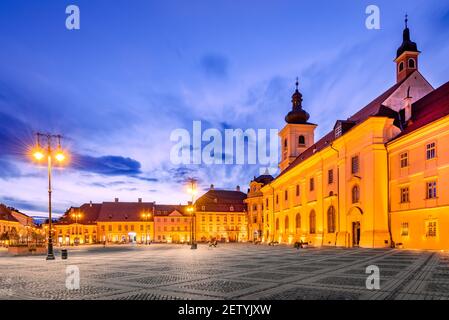 Sibiu, Romania. Large Square with the City Hall holiday destination in Transylvania. Stock Photo