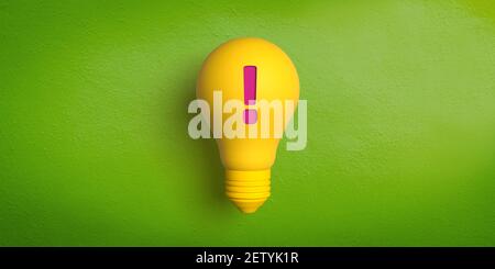 Ideas and innovation concept: 3D light bulb on green. Red exclamation mark for attention. Be careful. Announcement of an idea. Problem notification. Stock Photo