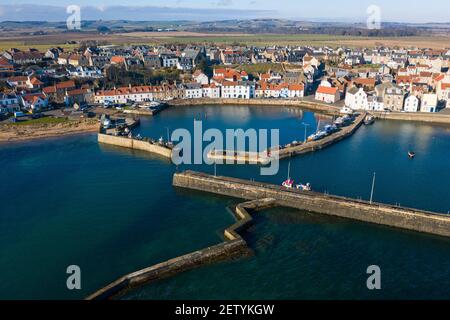 Aerial view from drone of harbour at St Monans fishing village in East Neuk of Fife, Scotland, UK Stock Photo