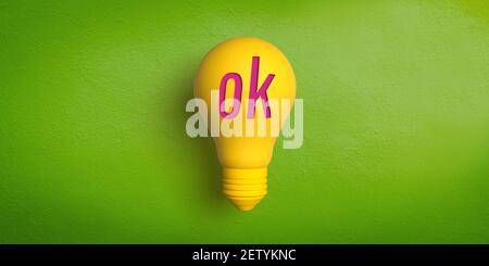 Ideas and innovation concept: 3D light bulb on green. OK word in red letters. Consider it done. Okay. Positive confirmation and approval on anything Stock Photo