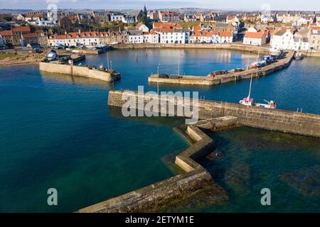 Aerial view from drone of harbour at St Monans fishing village in East Neuk of Fife, Scotland, UK Stock Photo