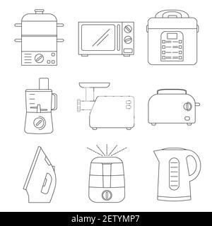 Small appliances for kitchen and home (line icons). Household tools icons. Food preparation equipment - steamer, multi cooker, food processor, microwa Stock Vector