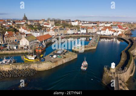 Aerial view from drone of harbour at Pittenweem fishing village in East Neuk of Fife, Scotland, UK Stock Photo