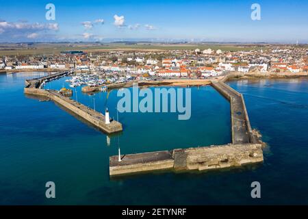 Aerial view from drone of harbour at Anstruther fishing village in East Neuk of Fife, Scotland, UK Stock Photo